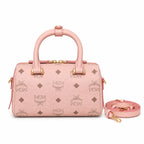 MCM Pink Visetos Boston Bag – Women's Monogram Top Handle Handbag with Detachable Shoulder Strap