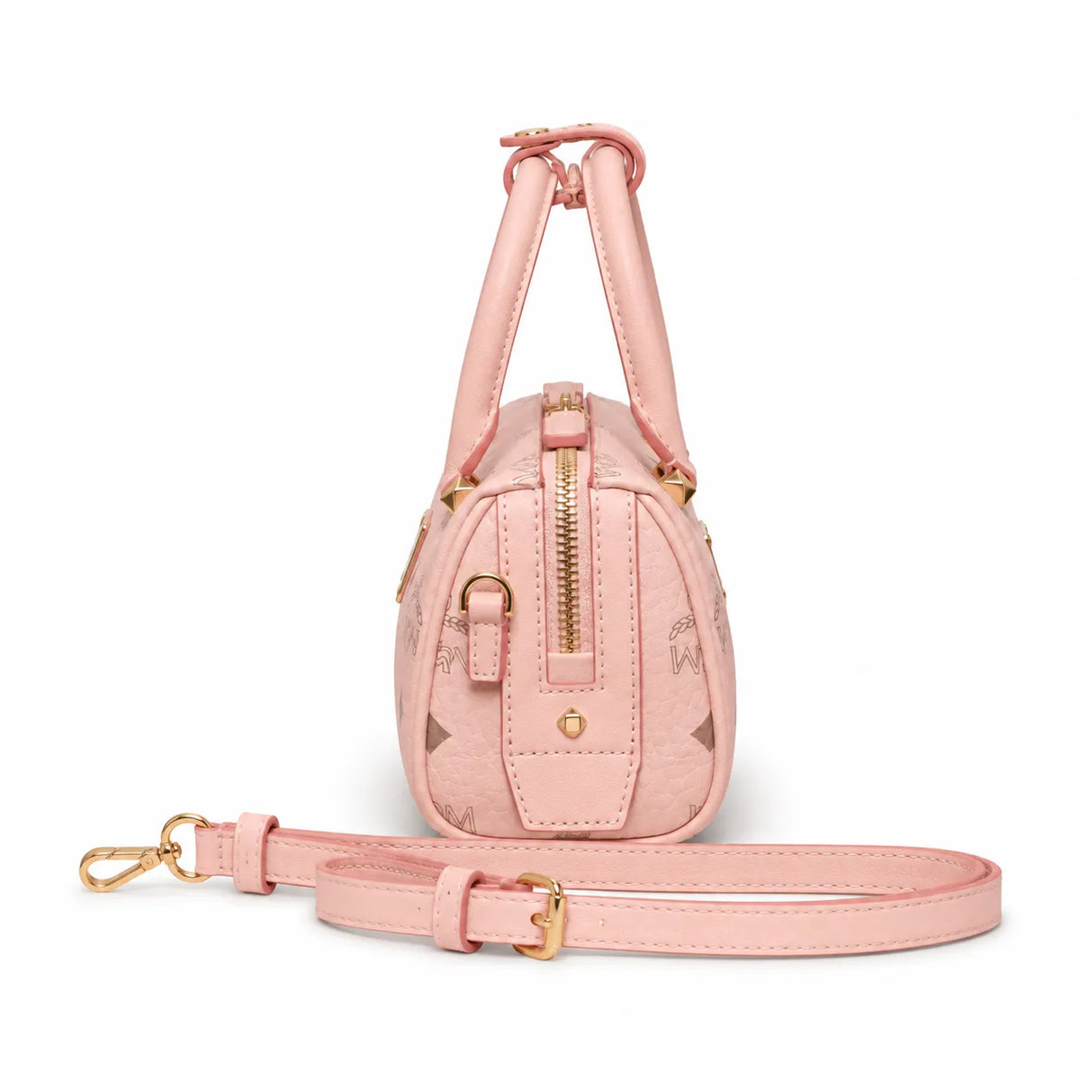MCM Pink Visetos Boston Bag – Women's Monogram Top Handle Handbag with Detachable Shoulder Strap