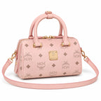 MCM Pink Visetos Boston Bag – Women's Monogram Top Handle Handbag with Detachable Shoulder Strap