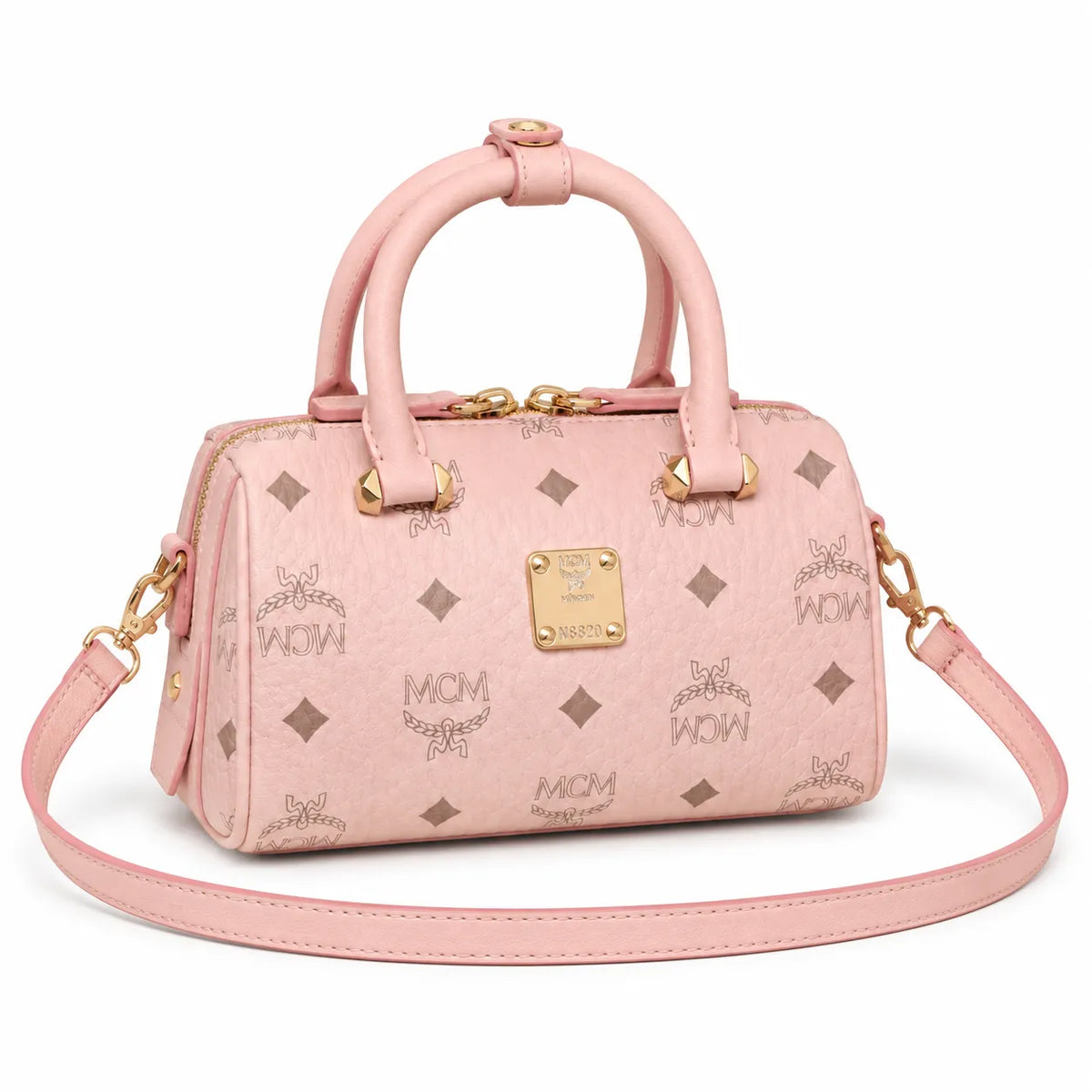 MCM Pink Visetos Boston Bag – Women's Monogram Top Handle Handbag with Detachable Shoulder Strap