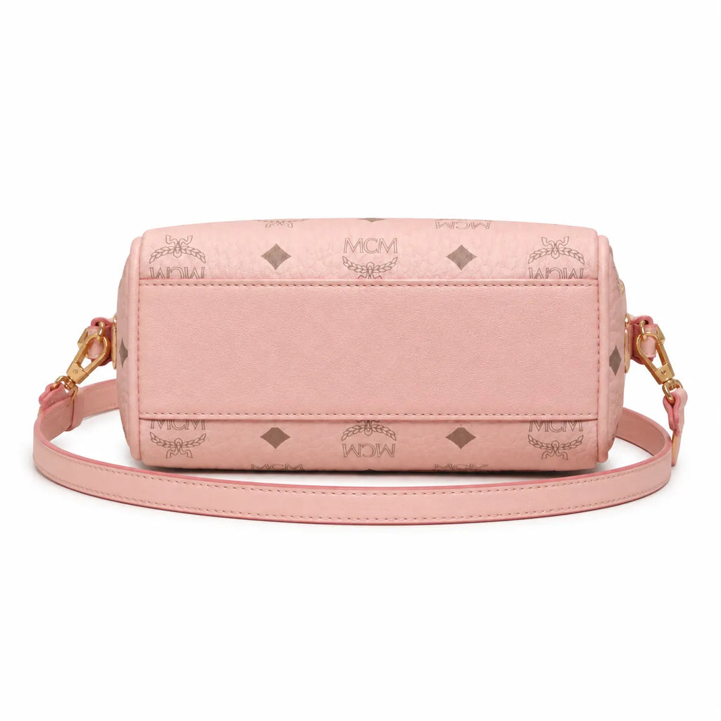 MCM Pink Visetos Boston Bag – Women's Monogram Top Handle Handbag with Detachable Shoulder Strap