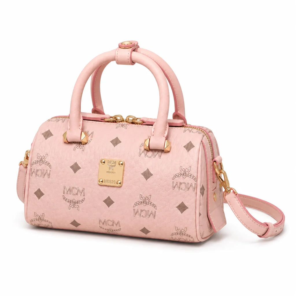 MCM Pink Visetos Boston Bag – Women's Monogram Top Handle Handbag with Detachable Shoulder Strap