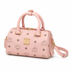 MCM Pink Visetos Boston Bag – Women's Monogram Top Handle Handbag with Detachable Shoulder Strap