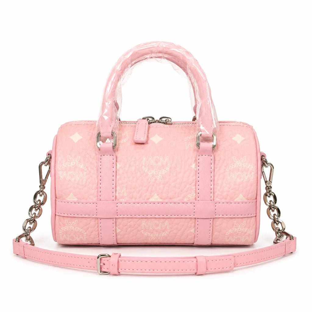 MCM Pink Visetos Boston Bag – Women's Monogram Handbag with Detachable Shoulder Strap