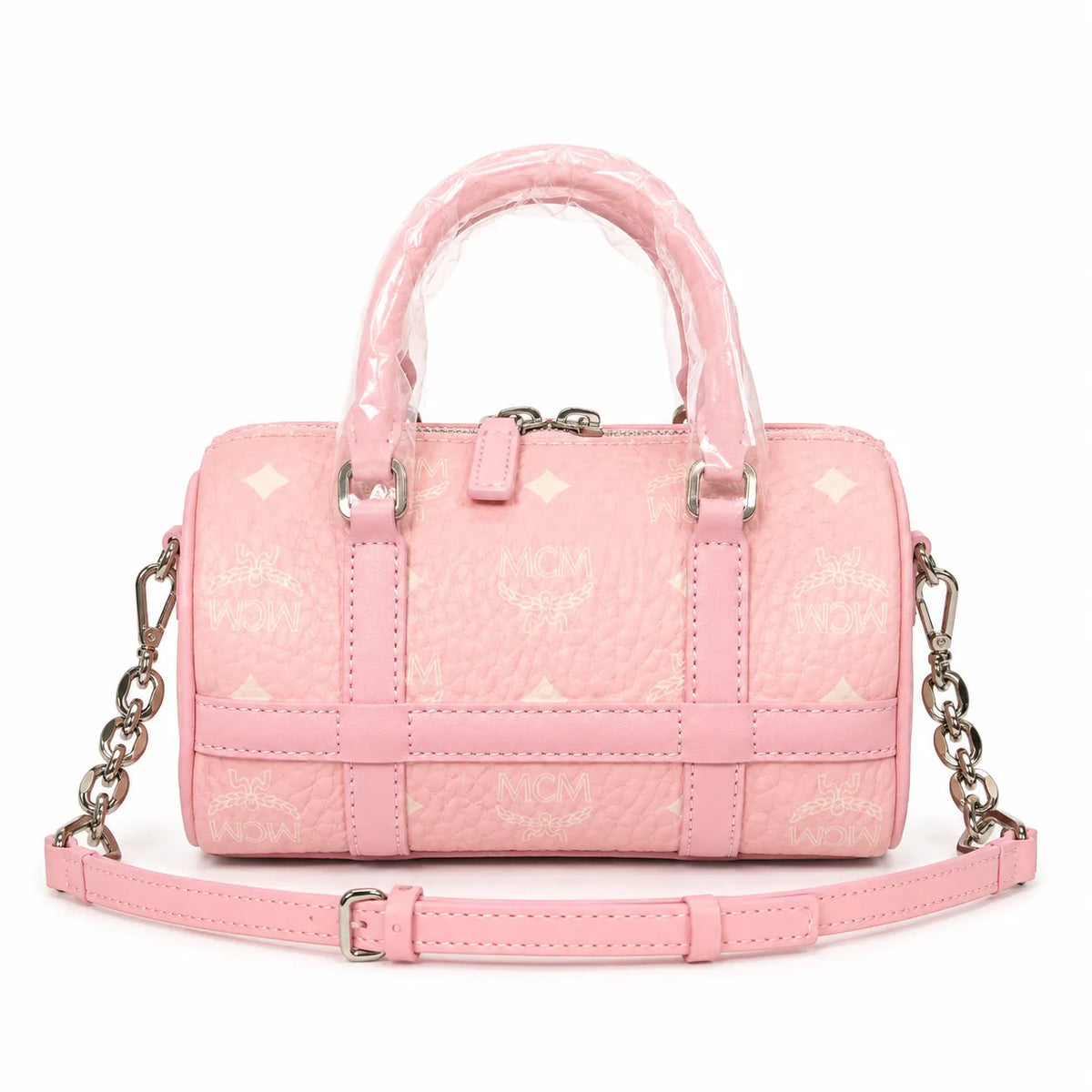 MCM Pink Visetos Boston Bag – Women's Monogram Handbag with Detachable Shoulder Strap