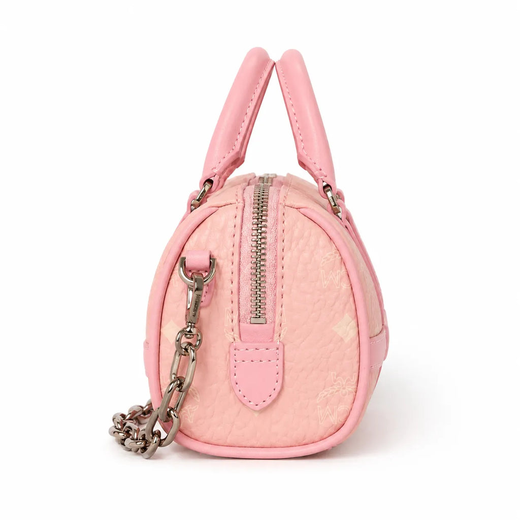 MCM Pink Visetos Boston Bag – Women's Monogram Handbag with Detachable Shoulder Strap