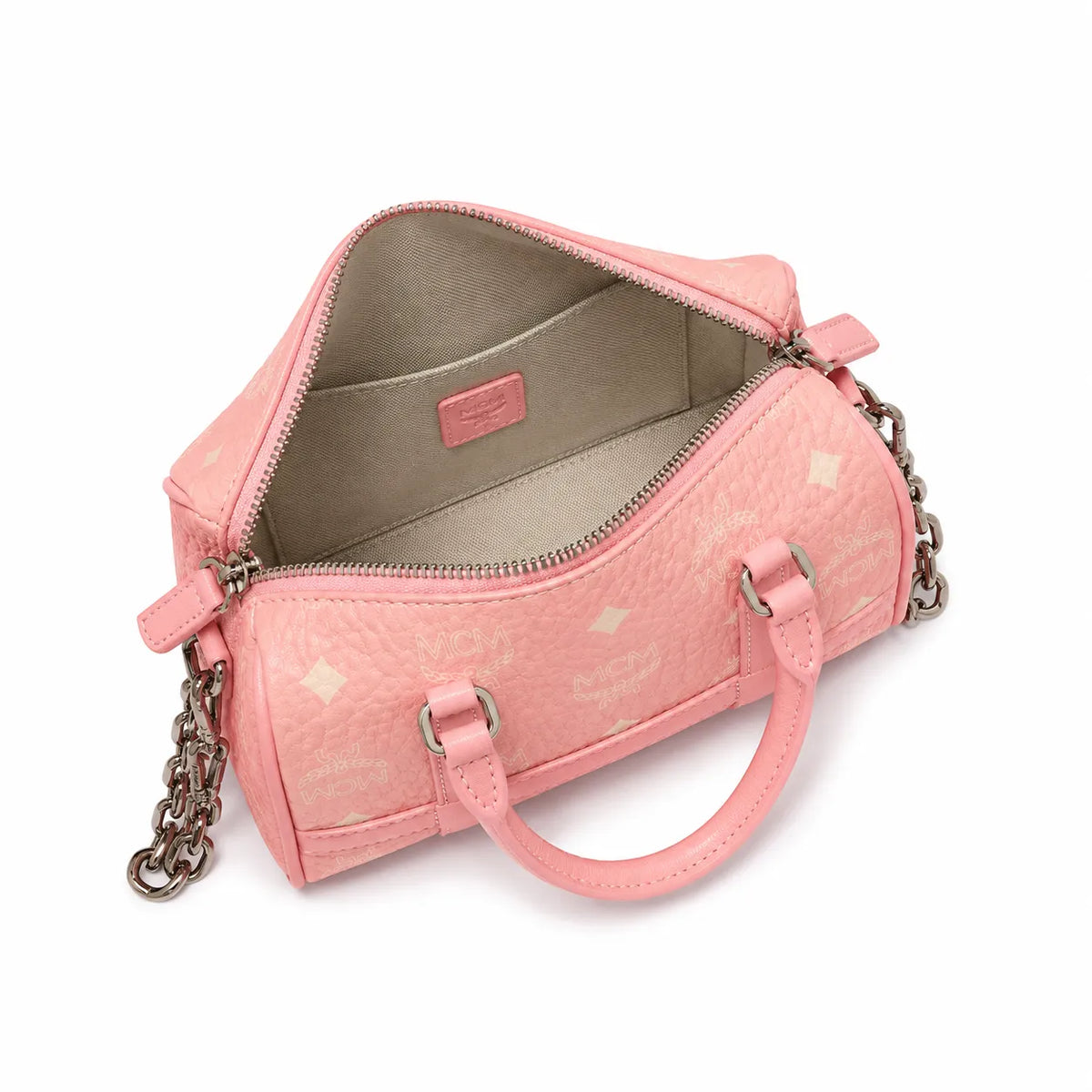 MCM Pink Visetos Boston Bag – Women's Monogram Handbag with Detachable Shoulder Strap