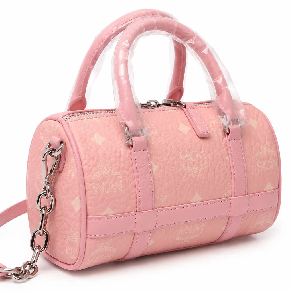 MCM Pink Visetos Boston Bag – Women's Monogram Handbag with Detachable Shoulder Strap