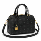 MCM Black Visetos Boston Bag – Monogram Top Handle Handbag with Detachable Shoulder Strap