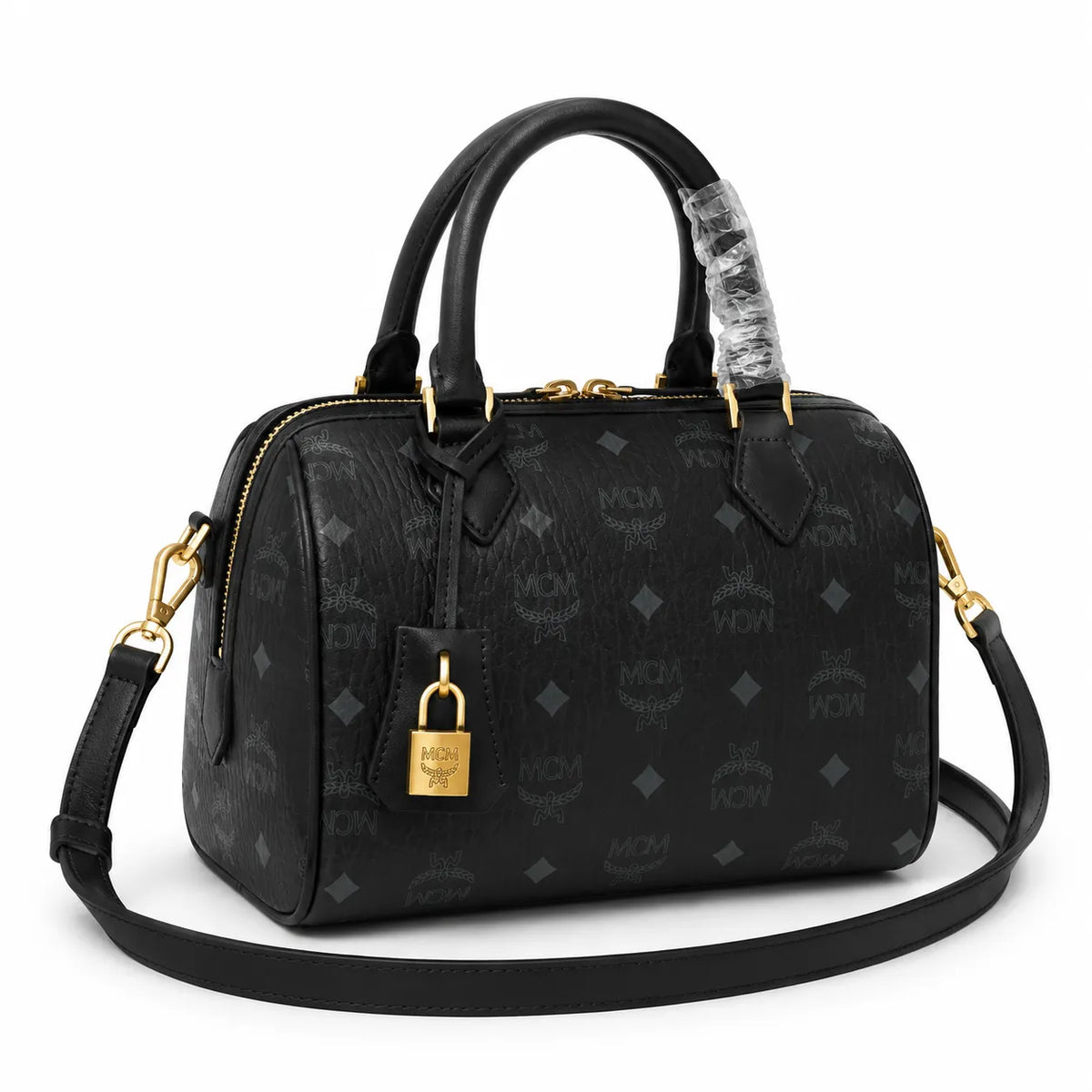MCM Black Visetos Boston Bag – Monogram Top Handle Handbag with Detachable Shoulder Strap