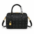 MCM Black Visetos Boston Bag – Monogram Top Handle Handbag with Detachable Shoulder Strap