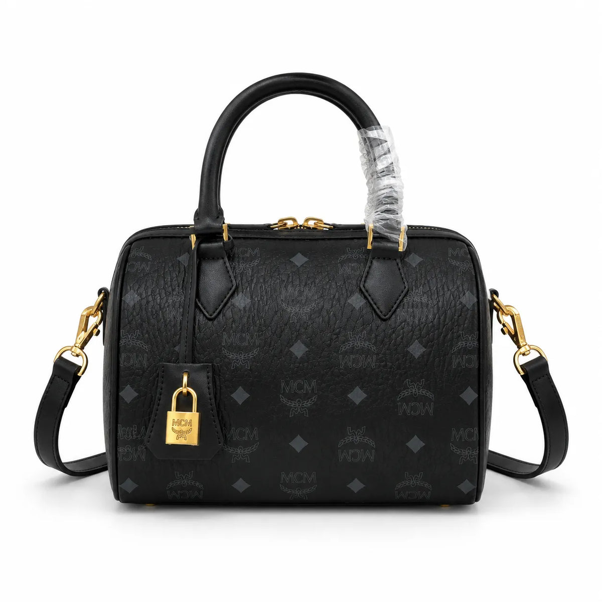 MCM Black Visetos Boston Bag – Monogram Top Handle Handbag with Detachable Shoulder Strap