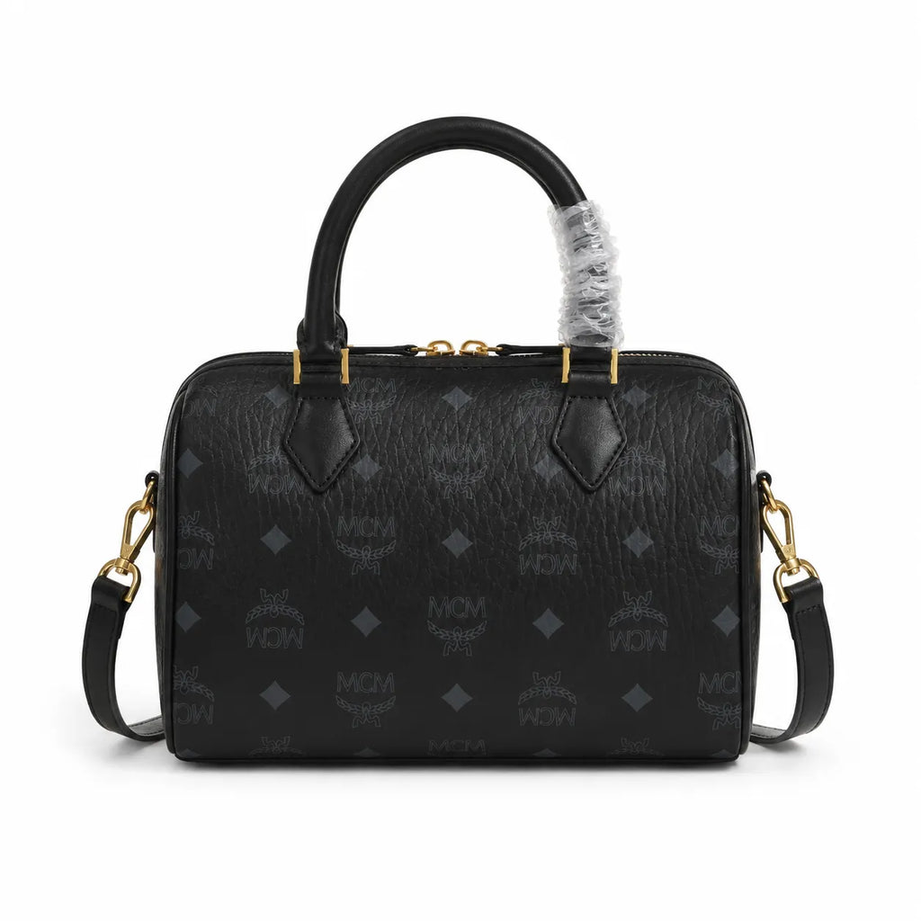 MCM Black Visetos Boston Bag – Monogram Top Handle Handbag with Detachable Shoulder Strap