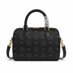 MCM Black Visetos Boston Bag – Monogram Top Handle Handbag with Detachable Shoulder Strap