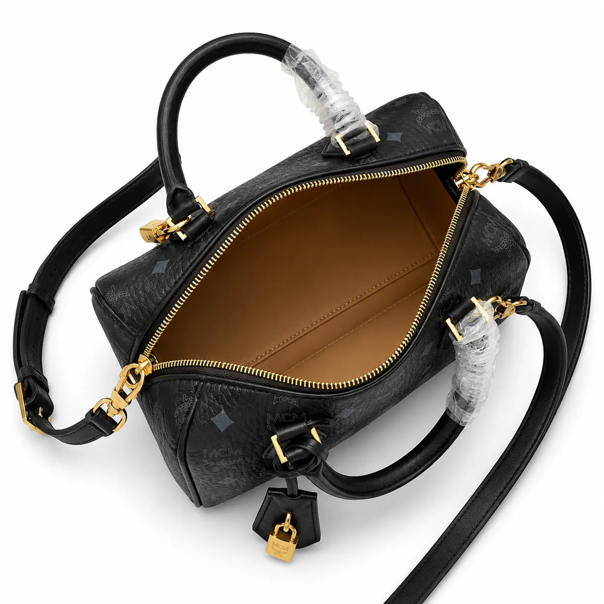 MCM Black Visetos Boston Bag – Monogram Top Handle Handbag with Detachable Shoulder Strap
