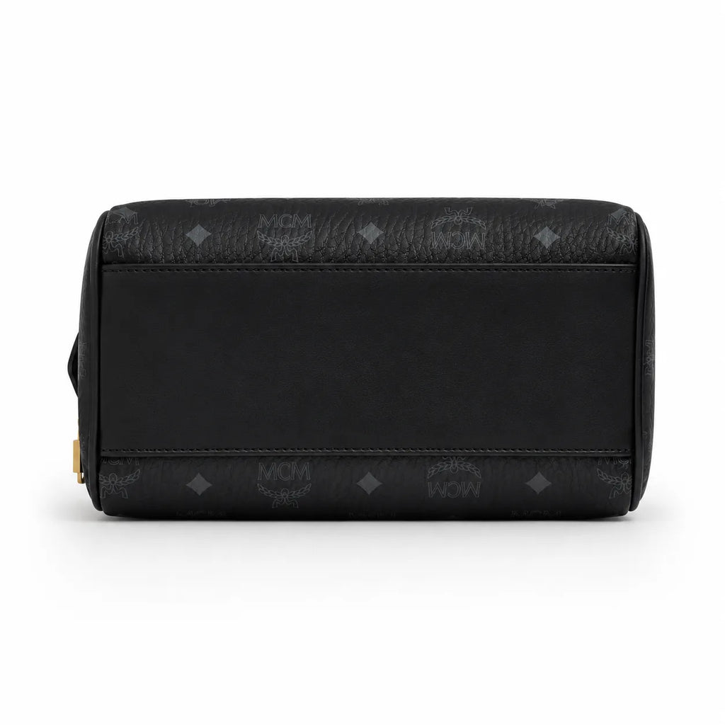 MCM Black Visetos Boston Bag – Monogram Top Handle Handbag with Detachable Shoulder Strap