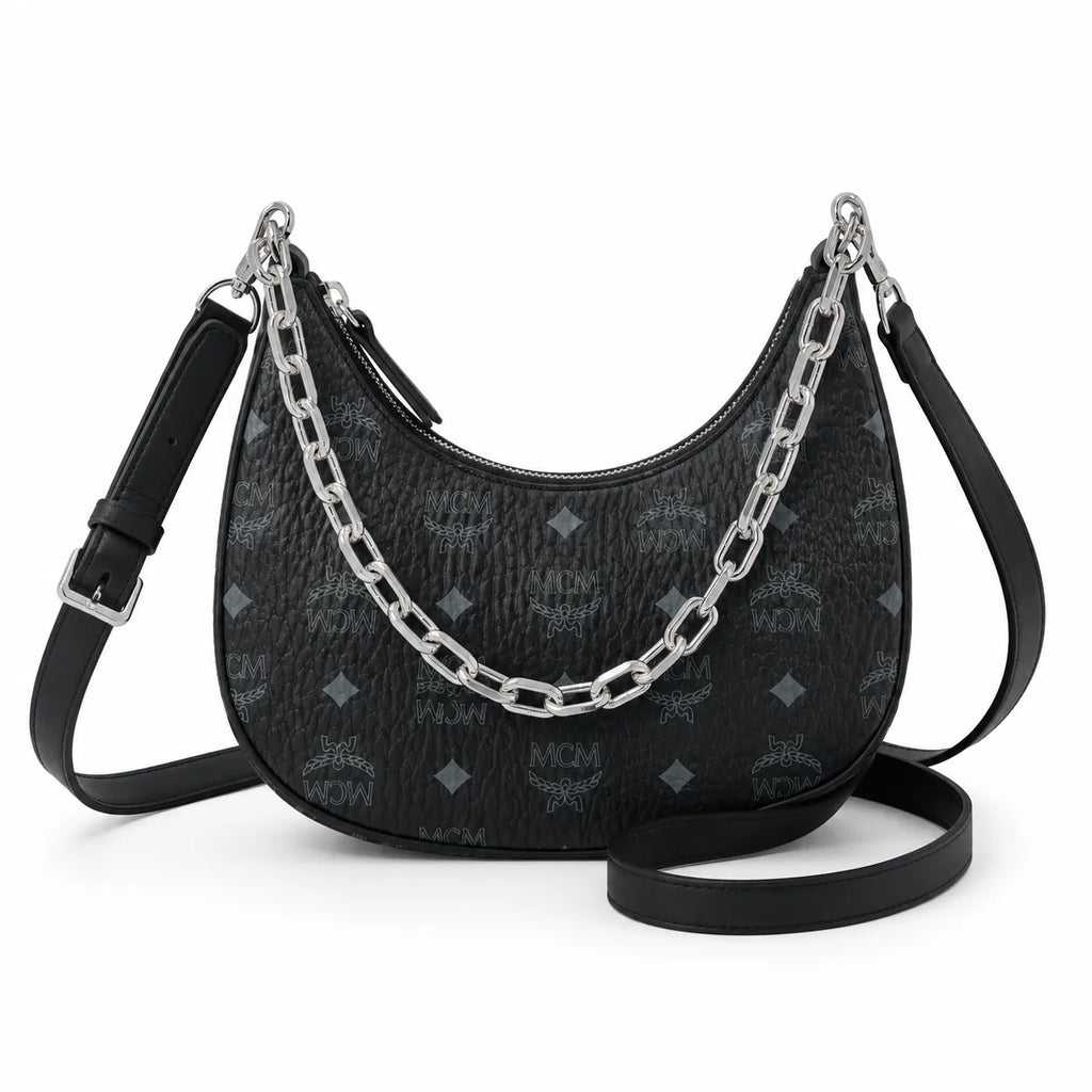 MCM Black Visetos Hobo Bag – Monogram Shoulder Bag with Silver-Tone Chain and Adjustable Strap