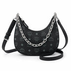 MCM Black Visetos Hobo Bag – Monogram Shoulder Bag with Silver-Tone Chain and Adjustable Strap