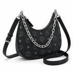 MCM Black Visetos Hobo Bag – Monogram Shoulder Bag with Silver-Tone Chain and Adjustable Strap