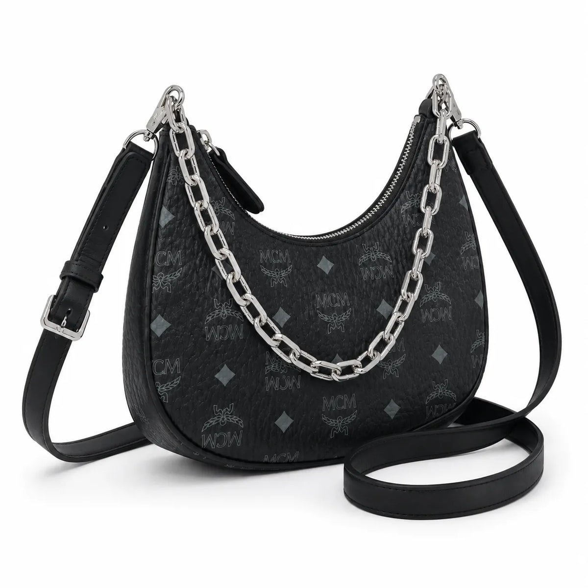 MCM Black Visetos Hobo Bag – Monogram Shoulder Bag with Silver-Tone Chain and Adjustable Strap