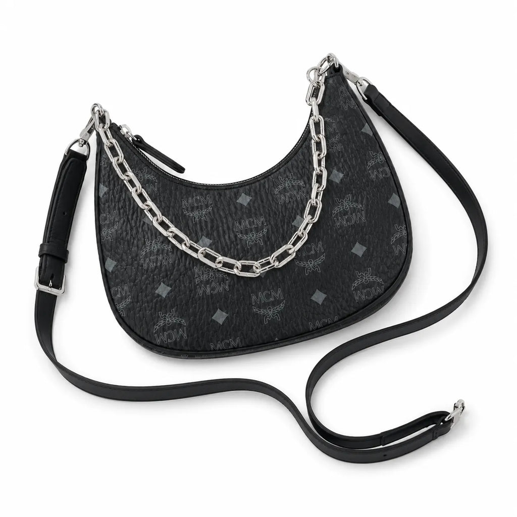 MCM Black Visetos Hobo Bag – Monogram Shoulder Bag with Silver-Tone Chain and Adjustable Strap