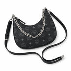 MCM Black Visetos Hobo Bag – Monogram Shoulder Bag with Silver-Tone Chain and Adjustable Strap