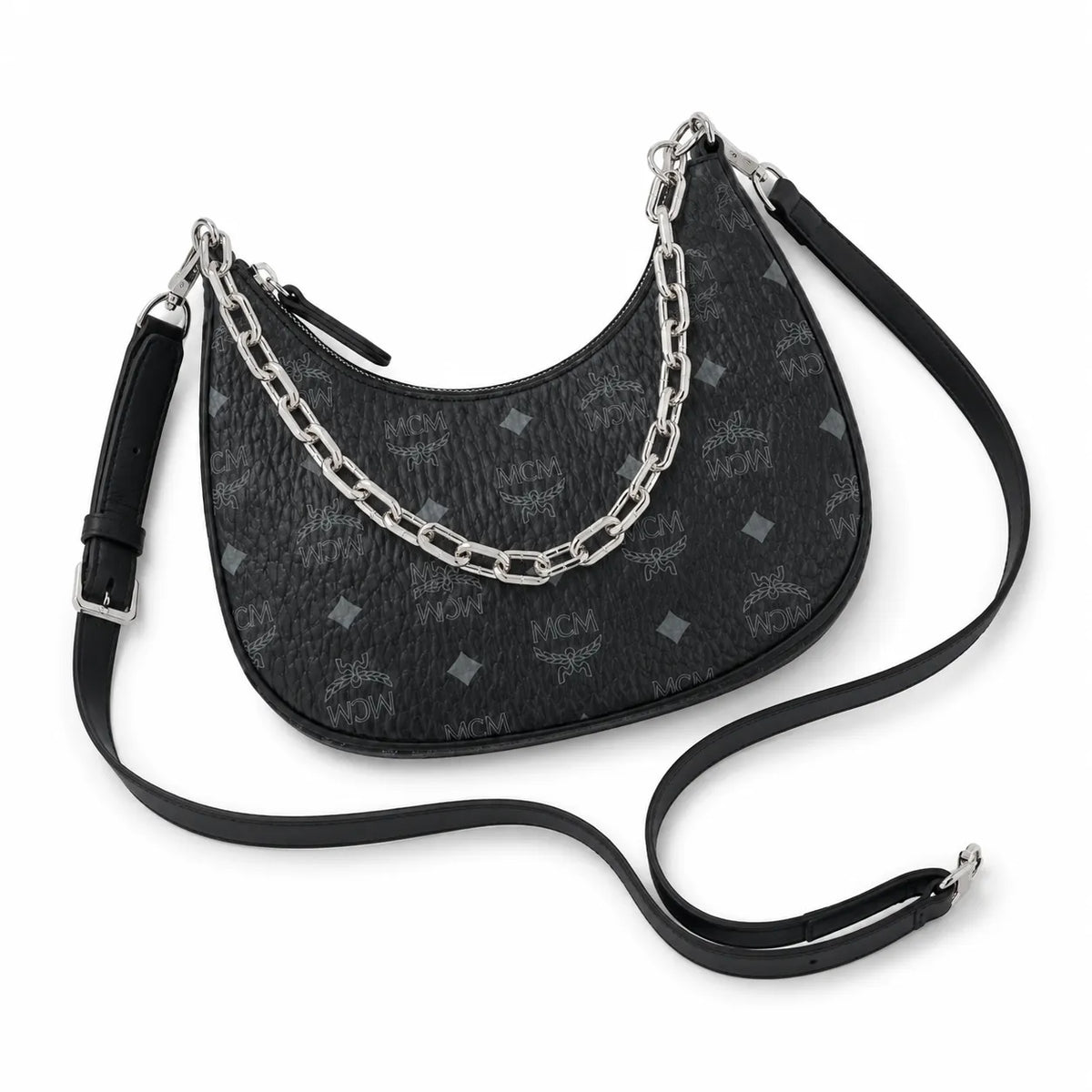 MCM Black Visetos Hobo Bag – Monogram Shoulder Bag with Silver-Tone Chain and Adjustable Strap