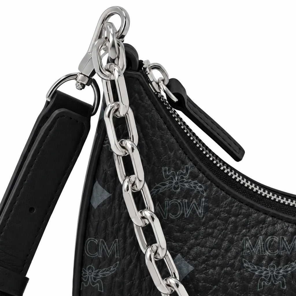 MCM Black Visetos Hobo Bag – Monogram Shoulder Bag with Silver-Tone Chain and Adjustable Strap