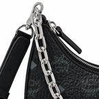 MCM Black Visetos Hobo Bag – Monogram Shoulder Bag with Silver-Tone Chain and Adjustable Strap