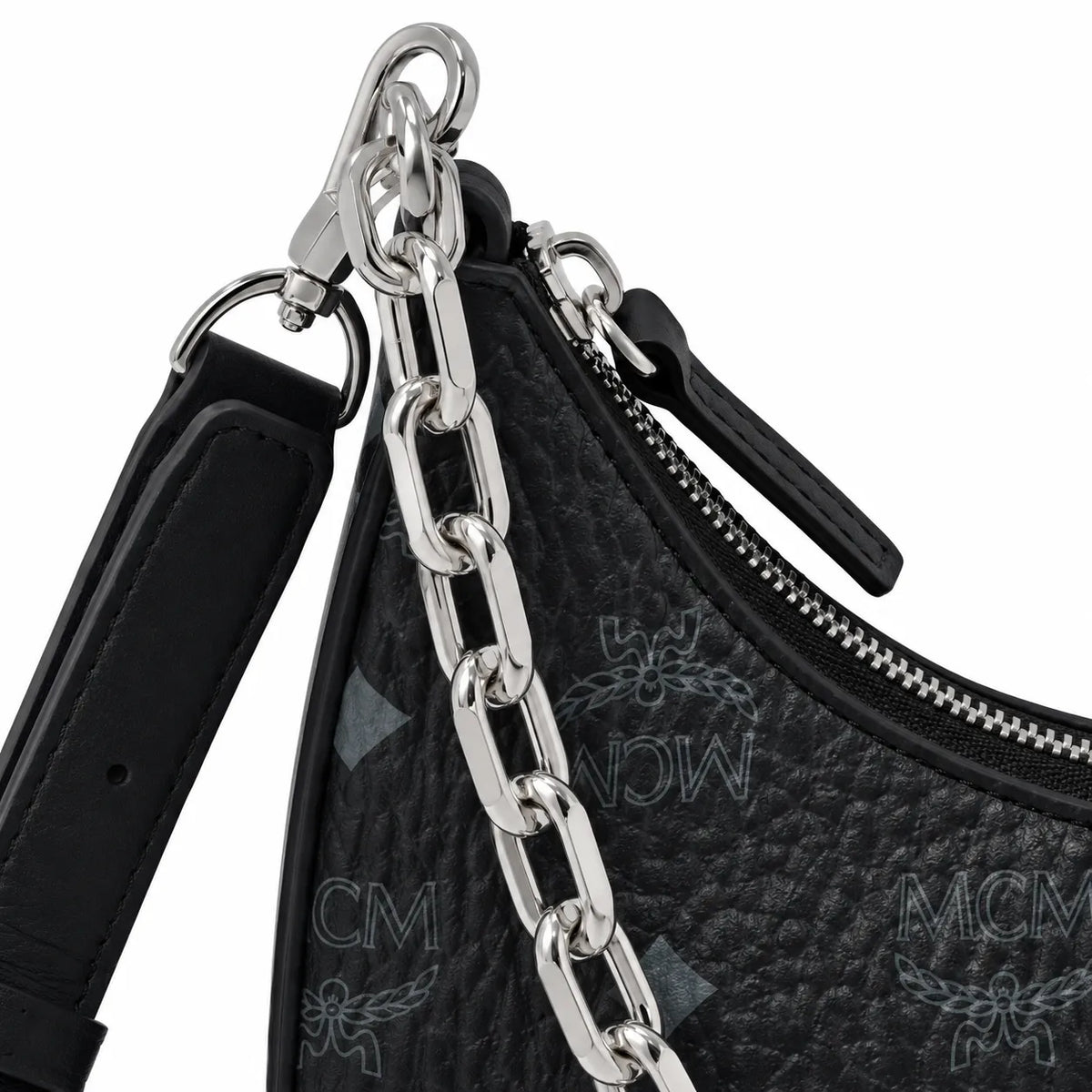 MCM Black Visetos Hobo Bag – Monogram Shoulder Bag with Silver-Tone Chain and Adjustable Strap