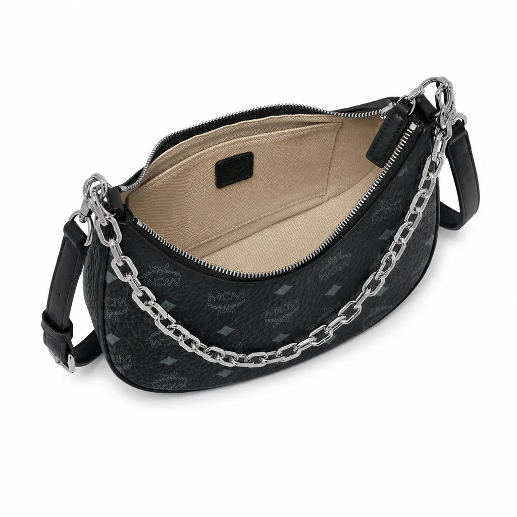 MCM Black Visetos Hobo Bag – Monogram Shoulder Bag with Silver-Tone Chain and Adjustable Strap