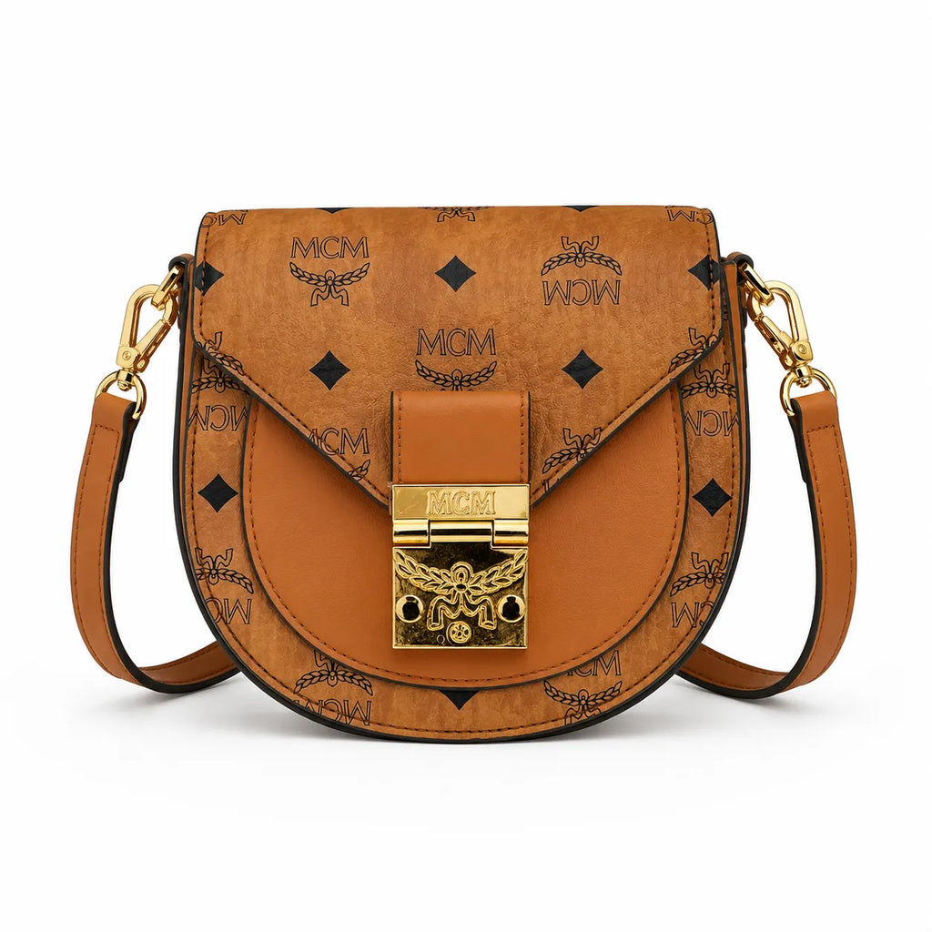 MCM Cognac Visetos Saddle Bag – Brown Monogram Crossbody Purse with Gold-Tone Buckle