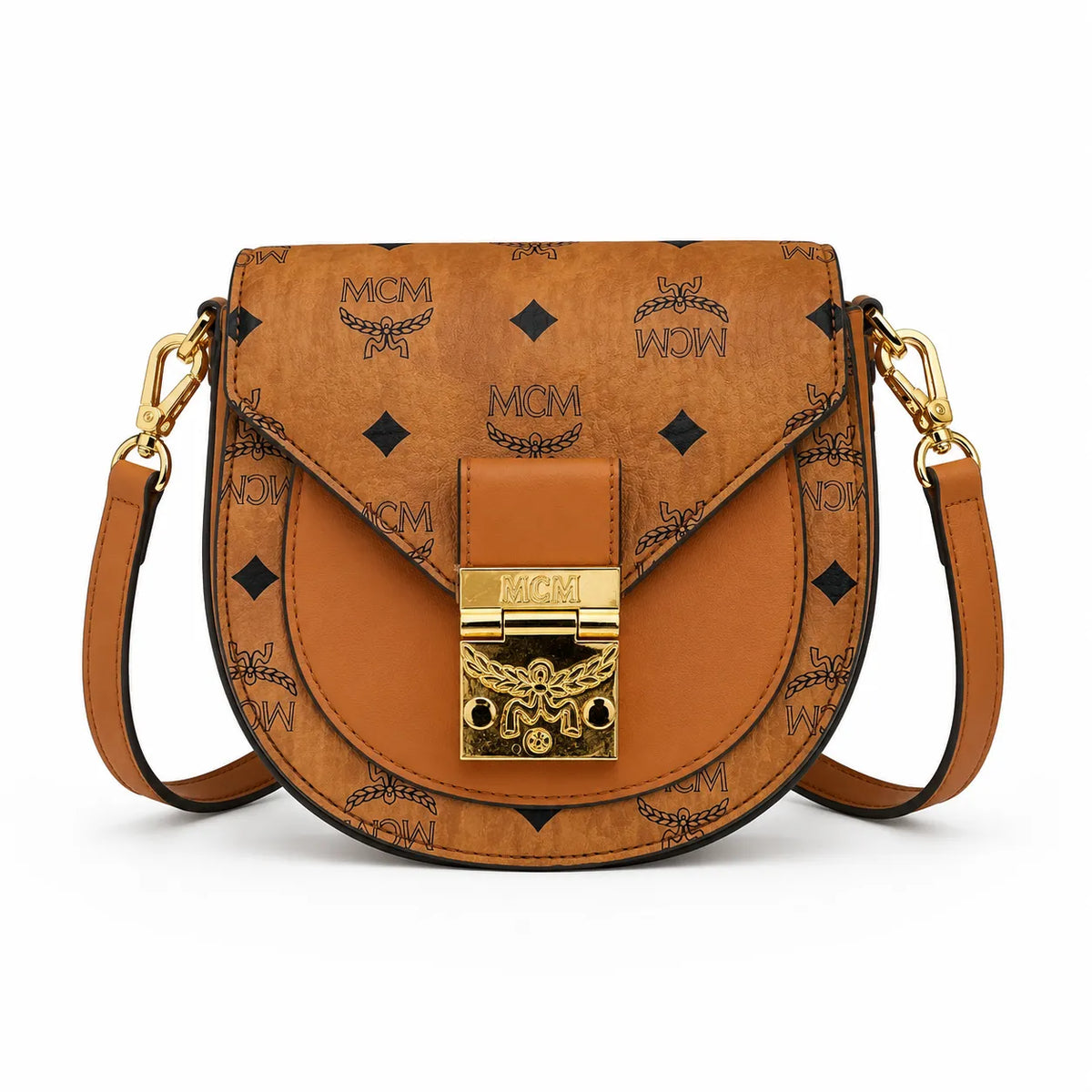 MCM Cognac Visetos Saddle Bag – Brown Monogram Crossbody Purse with Gold-Tone Buckle
