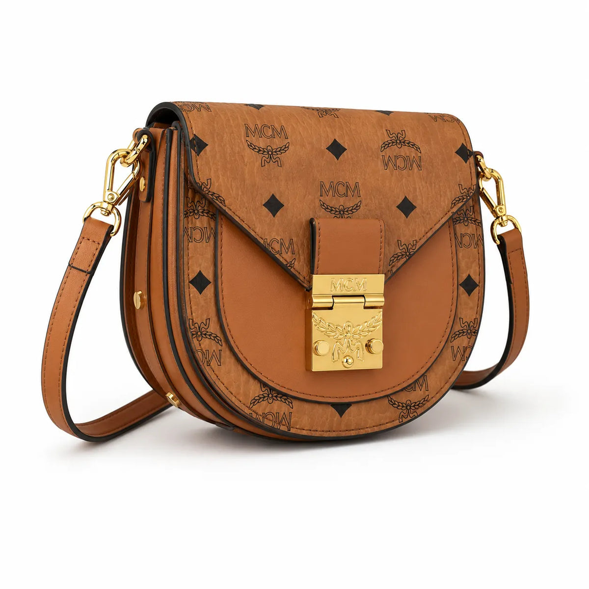 MCM Cognac Visetos Saddle Bag – Brown Monogram Crossbody Purse with Gold-Tone Buckle