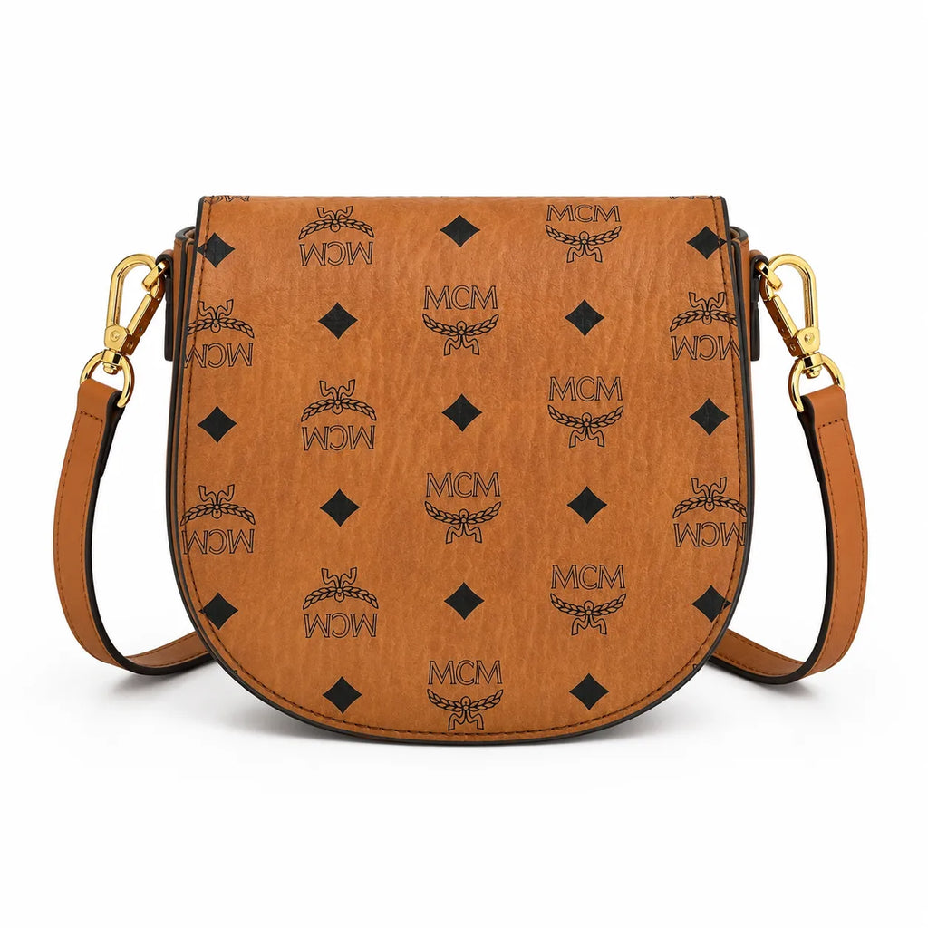 MCM Cognac Visetos Saddle Bag – Brown Monogram Crossbody Purse with Gold-Tone Buckle
