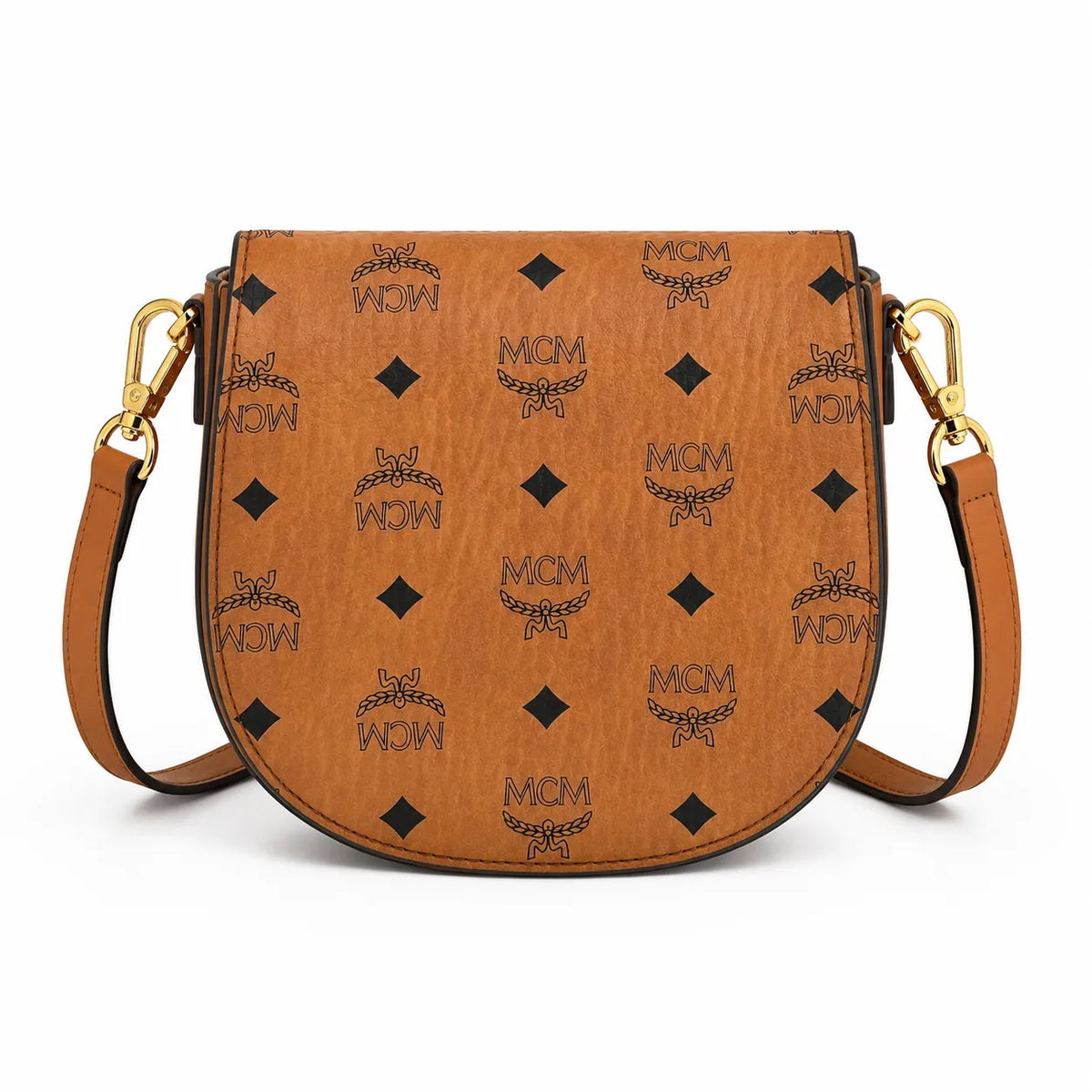 MCM Cognac Visetos Saddle Bag – Brown Monogram Crossbody Purse with Gold-Tone Buckle