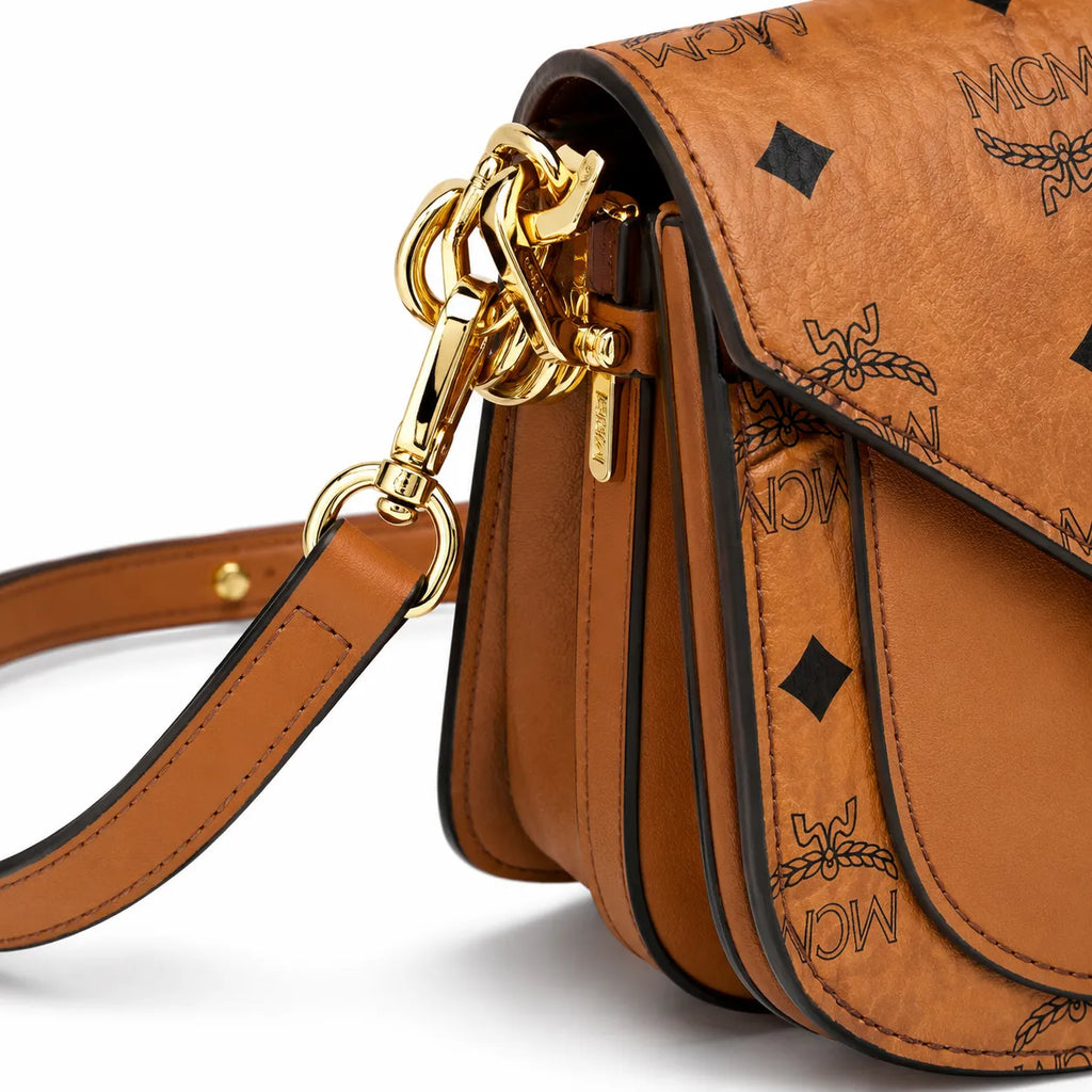 MCM Cognac Visetos Saddle Bag – Brown Monogram Crossbody Purse with Gold-Tone Buckle