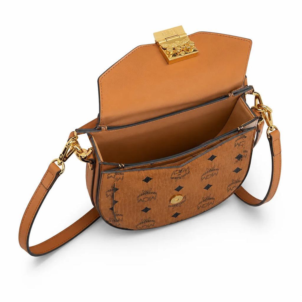 MCM Cognac Visetos Saddle Bag – Brown Monogram Crossbody Purse with Gold-Tone Buckle