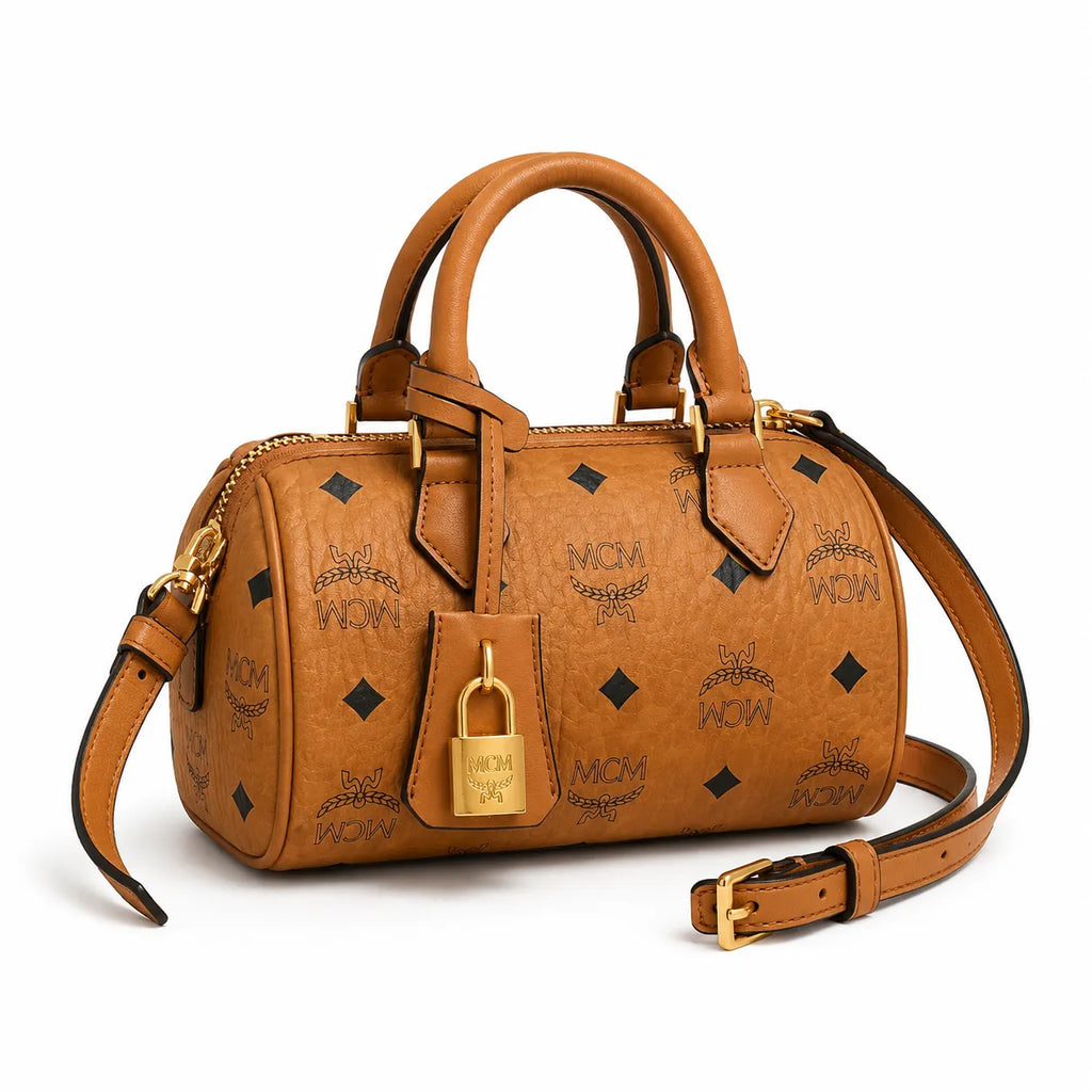 MCM Cognac Visetos Boston Bag – Brown Monogram Top Handle Handbag with Detachable Shoulder Strap