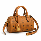 MCM Cognac Visetos Boston Bag – Brown Monogram Top Handle Handbag with Detachable Shoulder Strap