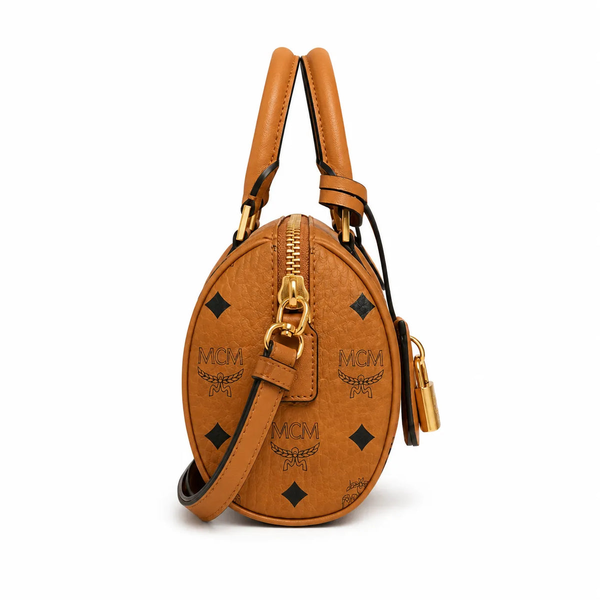MCM Cognac Visetos Boston Bag – Brown Monogram Top Handle Handbag with Detachable Shoulder Strap