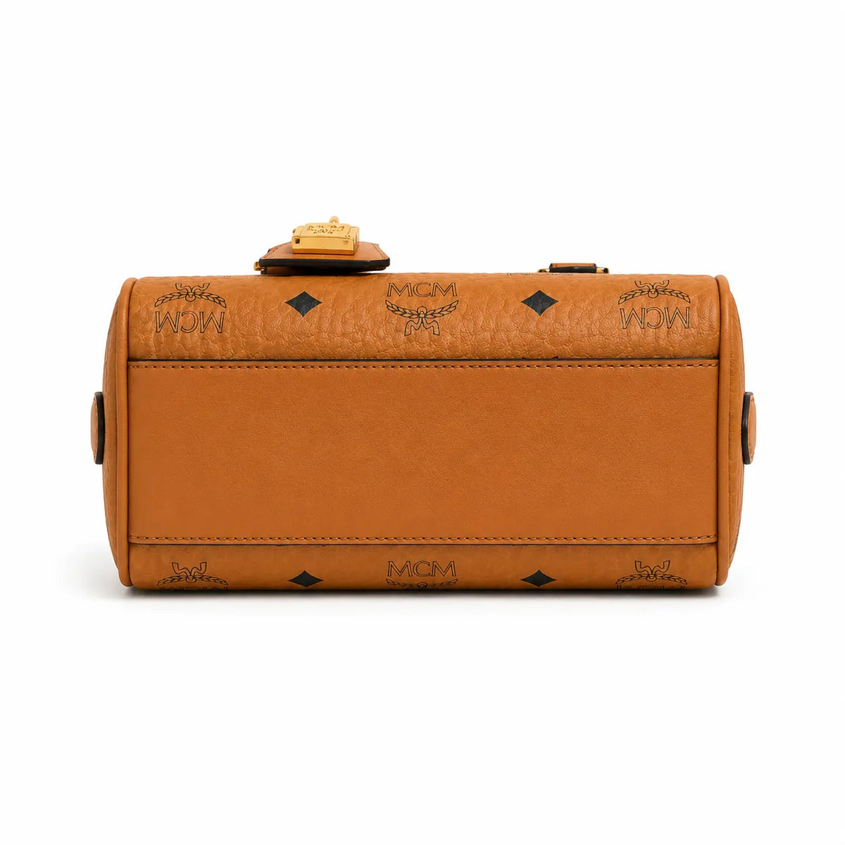 MCM Cognac Visetos Boston Bag – Brown Monogram Top Handle Handbag with Detachable Shoulder Strap