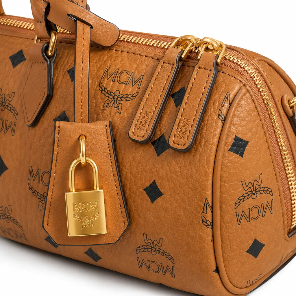 MCM Cognac Visetos Boston Bag – Brown Monogram Top Handle Handbag with Detachable Shoulder Strap