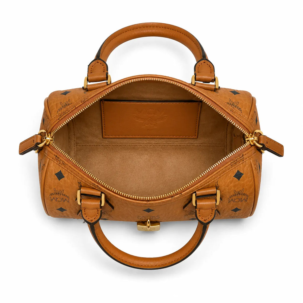 MCM Cognac Visetos Boston Bag – Brown Monogram Top Handle Handbag with Detachable Shoulder Strap