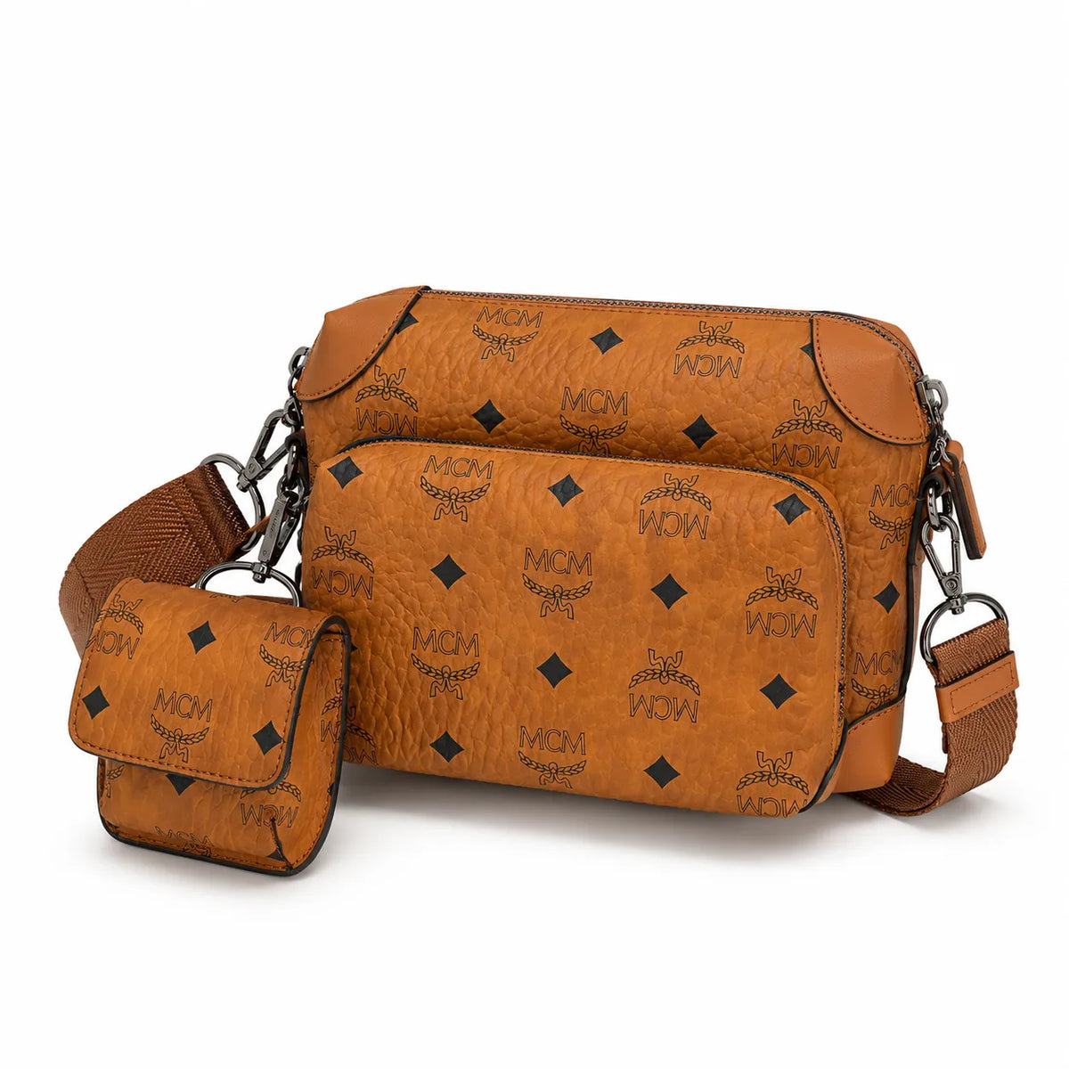 MCM Cognac Visetos Crossbody Bag – Brown Monogram Messenger Bag with Front Pockets and Detachable Mini Pouch
