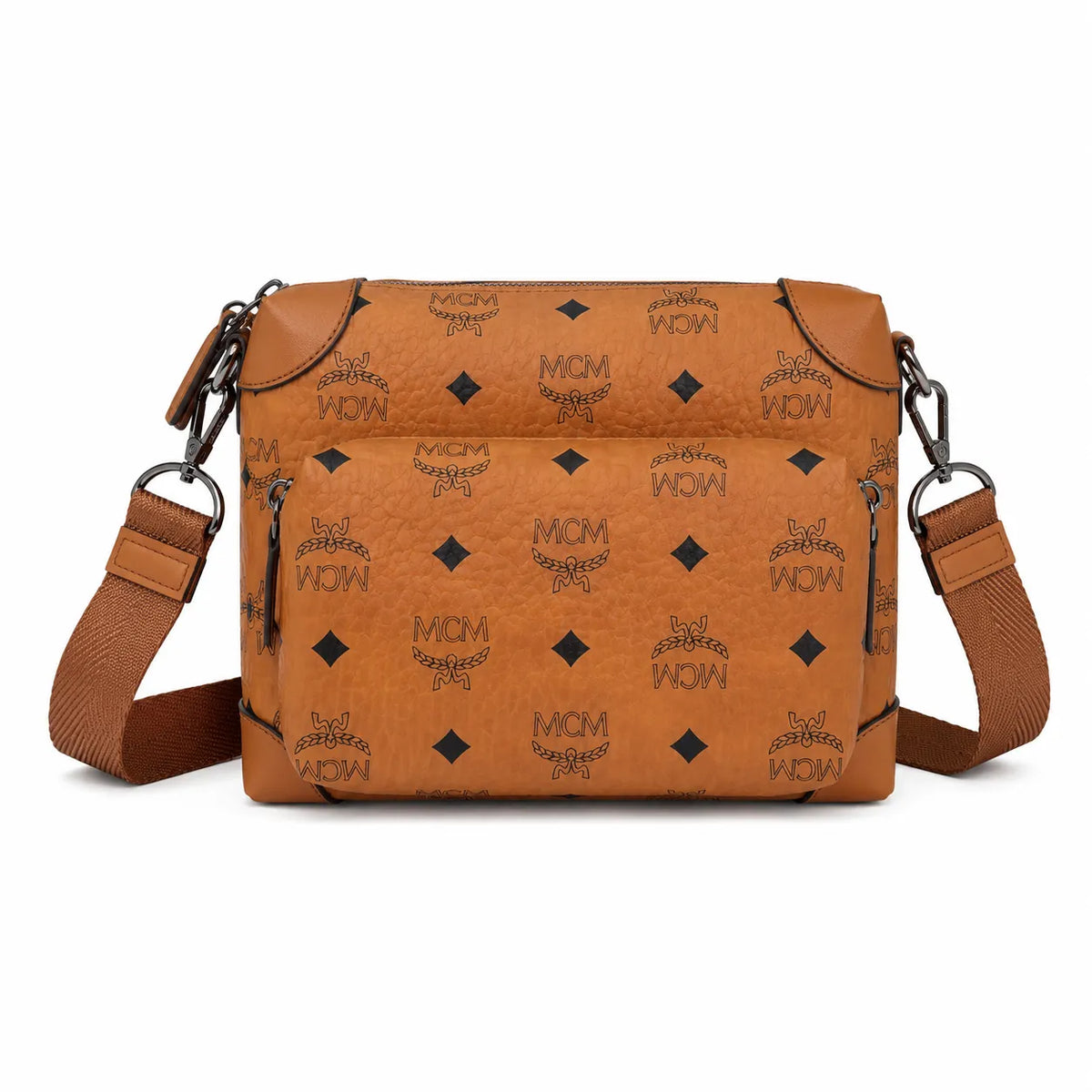MCM Cognac Visetos Crossbody Bag – Brown Monogram Messenger Bag with Front Pockets and Detachable Mini Pouch