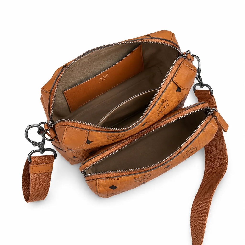 MCM Cognac Visetos Crossbody Bag – Brown Monogram Messenger Bag with Front Pockets and Detachable Mini Pouch