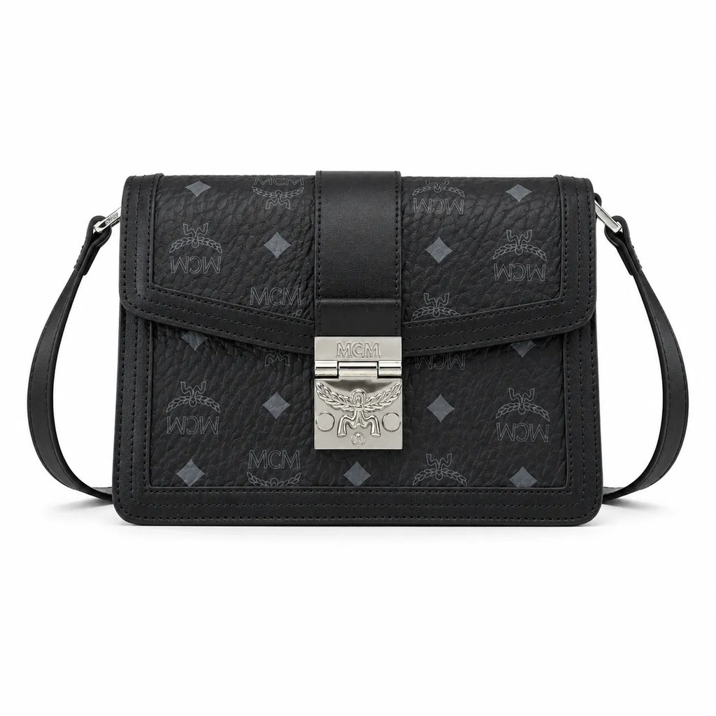 MCM Black Monogram Flap Crossbody Bag – Structured Shoulder Purse with Silver-Tone Buckle