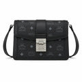 MCM Black Monogram Flap Crossbody Bag – Structured Shoulder Purse with Silver-Tone Buckle