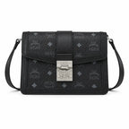 MCM Black Monogram Flap Crossbody Bag – Structured Shoulder Purse with Silver-Tone Buckle
